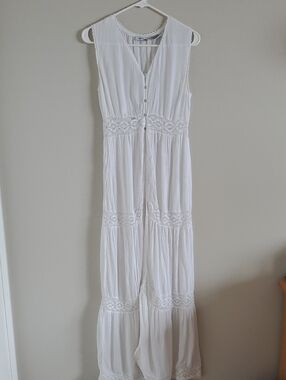 Raviya White Sleeveless Lace-Panel Maxi Open Front Duster Sz M Boho Feminine